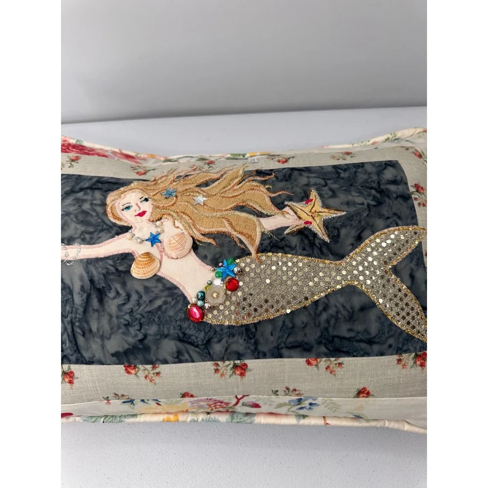 Handmade Mermaid Accent Pillow Embroidered Shells Floral 20x13 Coastal Decor